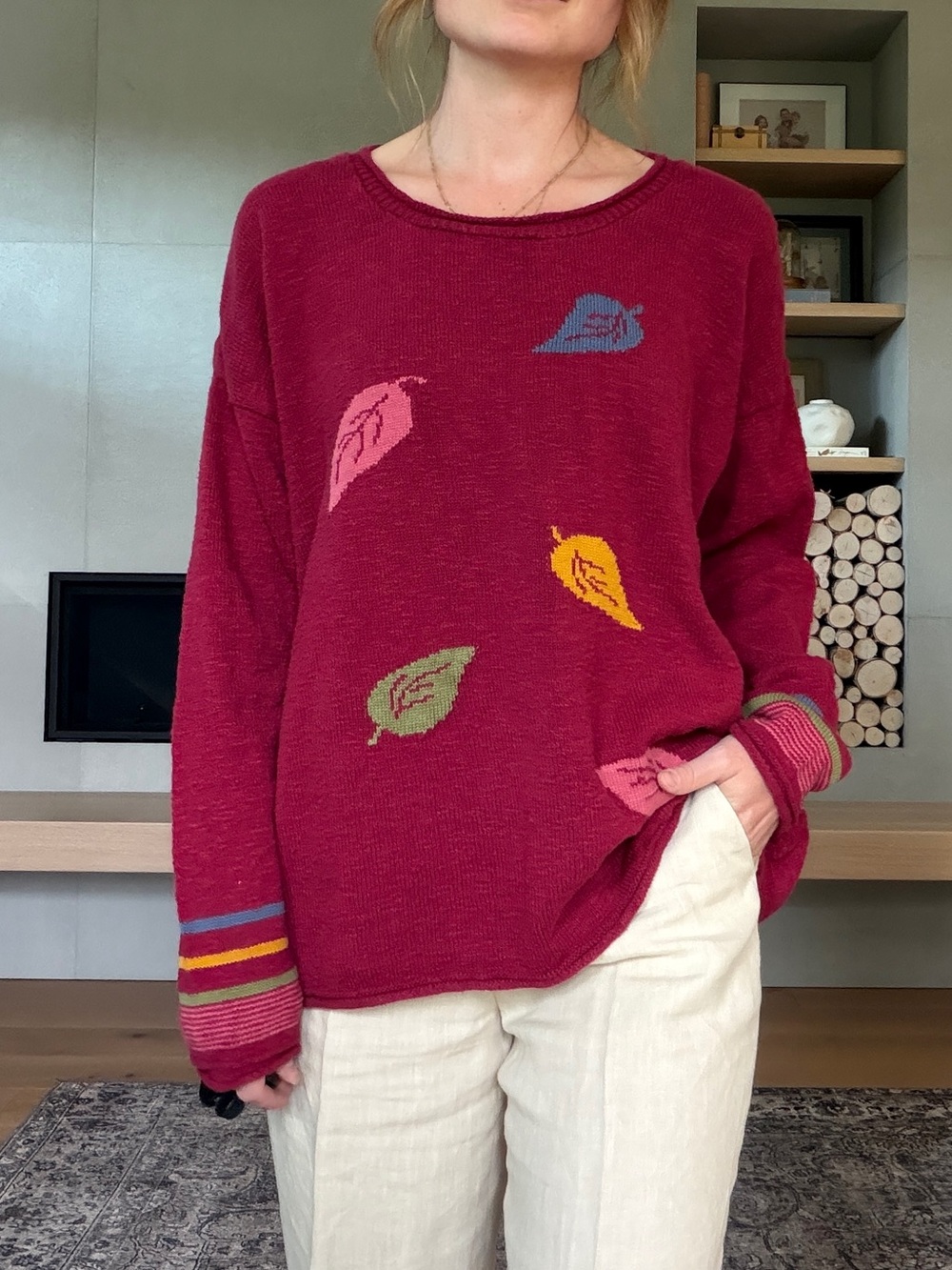 Vintage 100% cotton Maroon leaf Sweater